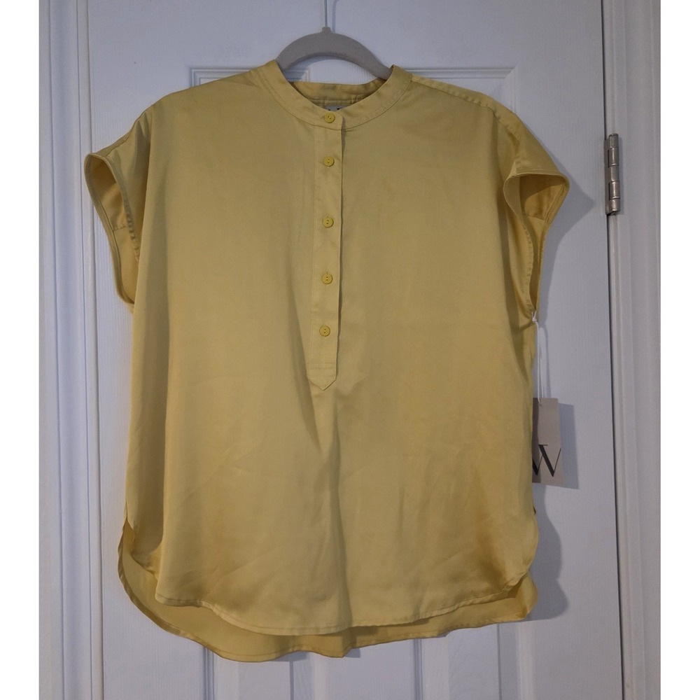 Worthington Satin Popover Blouse Pastel Yellow Cap Sleeve Mandarin Collar PM